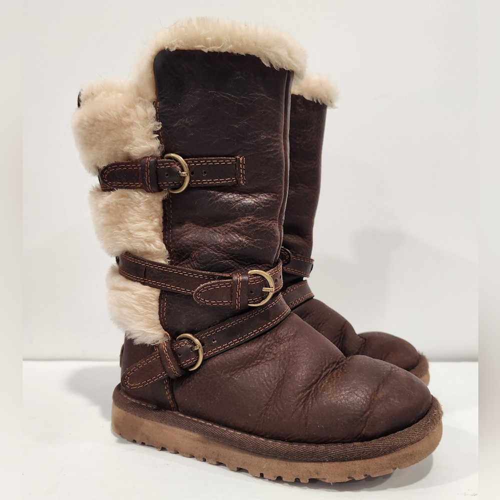 UGG Australia Glasgow Sheepskin Tall Boots Girls US 11 Brown Leather Buckle Wrap